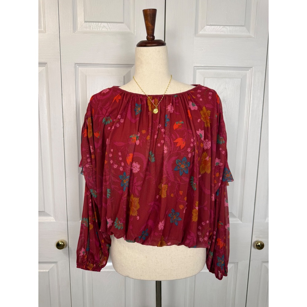 Free People Wildflower Honey Blouse Floral Mesh XS Burgundy Ruffle Sleeve Boho - Picture 3 of 9